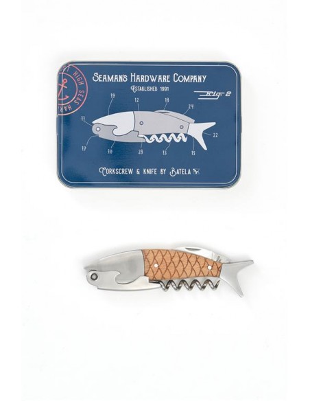 Navaja y sacacorchos con forma de pez de madera y metal