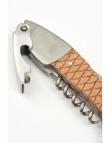 Navaja y sacacorchos con forma de pez de madera y metal