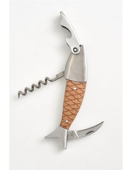 Navaja y sacacorchos con forma de pez de madera y metal